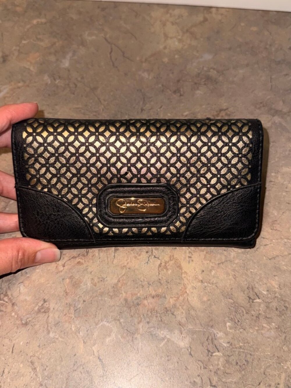 Jessica Simpson Black Gold Lattice Flap Wallet Leopard Interior